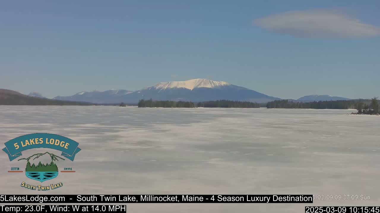A mostly frozen lake stretches out before snow-capped mountains under a clear blue sky, with a westerly wind.