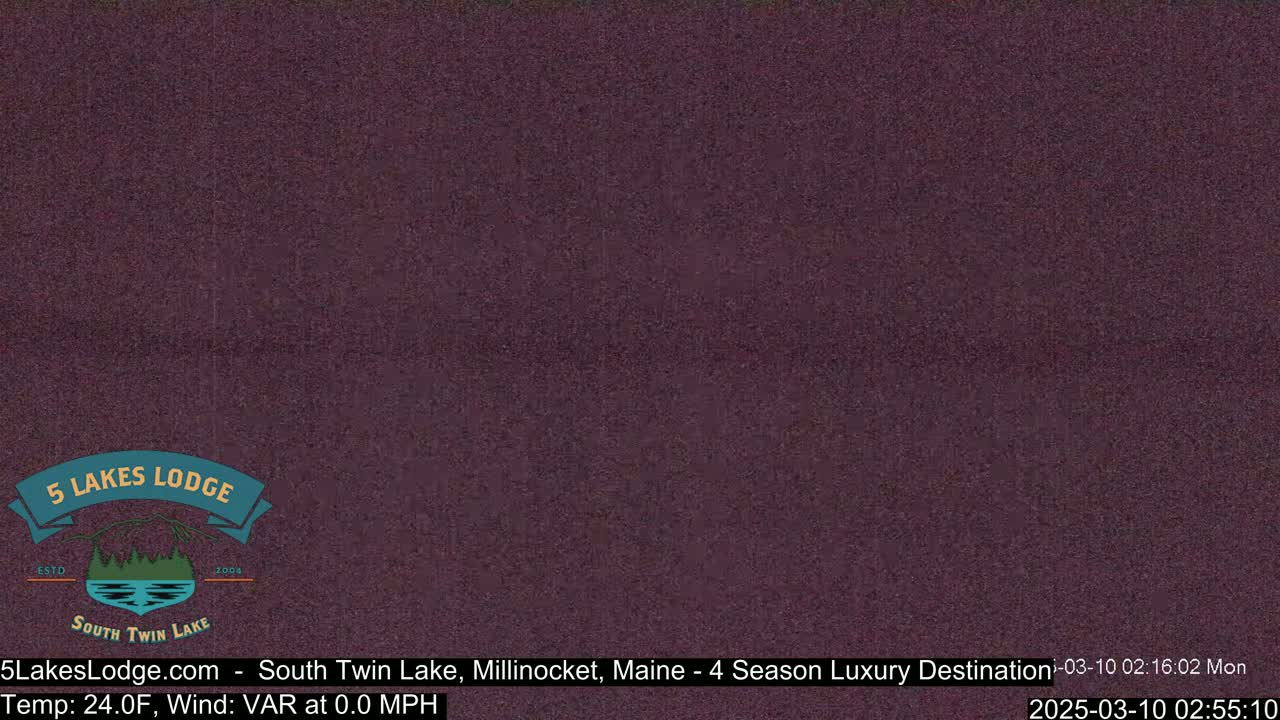 A dark purple screen displays a logo for 5 Lakes Lodge.