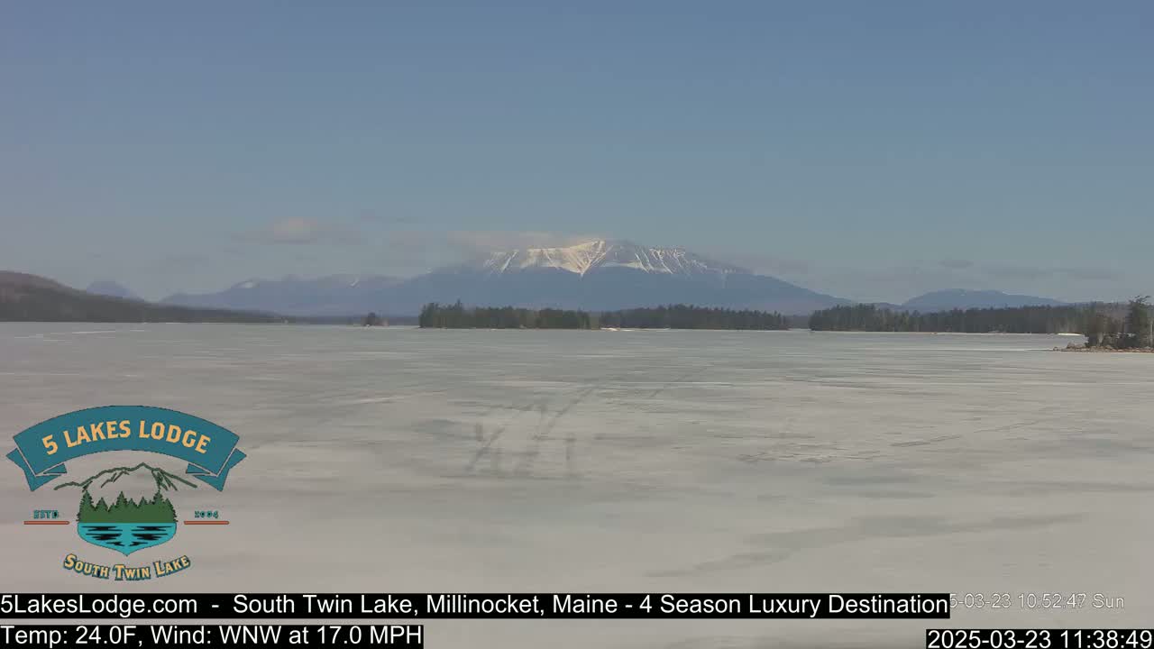 A snow-capped mountain range is visible in the distance across a frozen lake on a sunny day with a 17 mph wind.