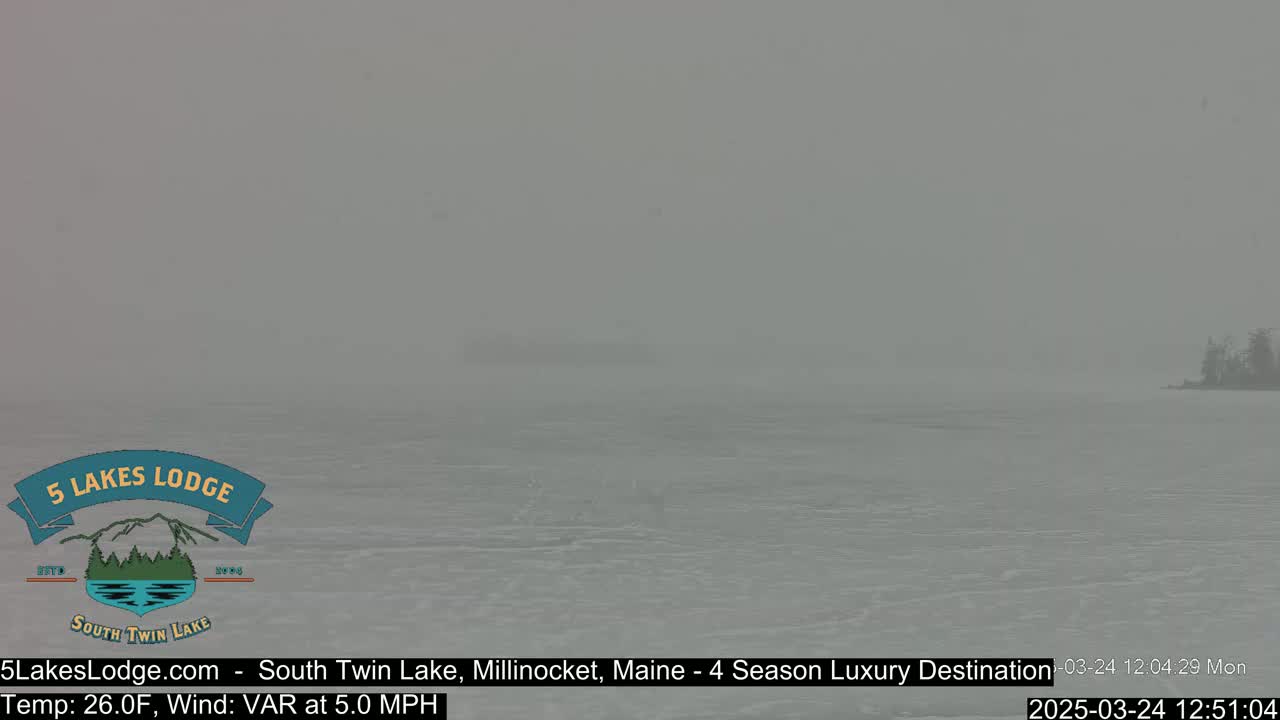 A mostly frozen lake is visible under hazy, snowy conditions.