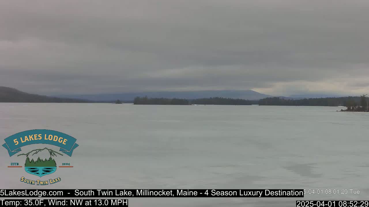 A mostly frozen lake is visible under an overcast sky, with a distant tree line and mountains in the background.