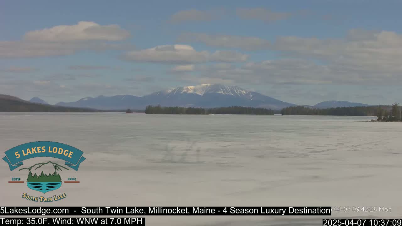A partly cloudy day reveals a snow-capped mountain range across a frozen lake.