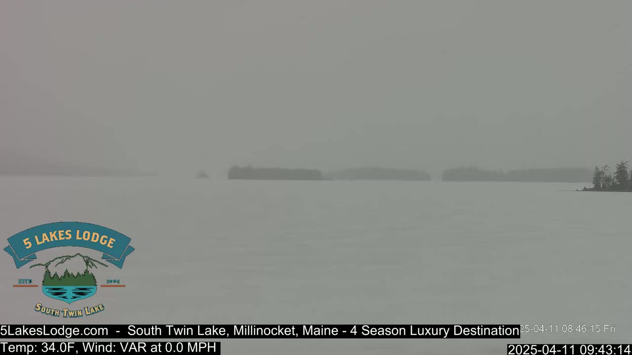 A snow-covered lake is visible, with a hazy, snowy atmosphere and dark tree lines in the far distance.