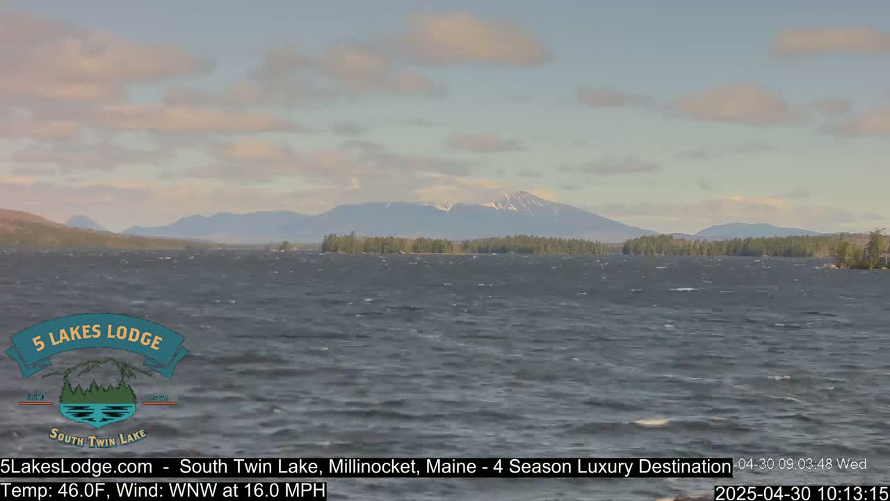 A choppy lake stretches toward snow-capped mountains under a partly cloudy sky.