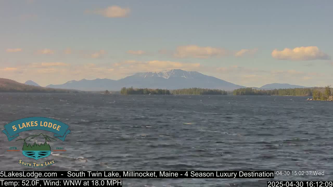 A choppy lake stretches to a distant mountain range partially covered in snow under a partly cloudy sky.