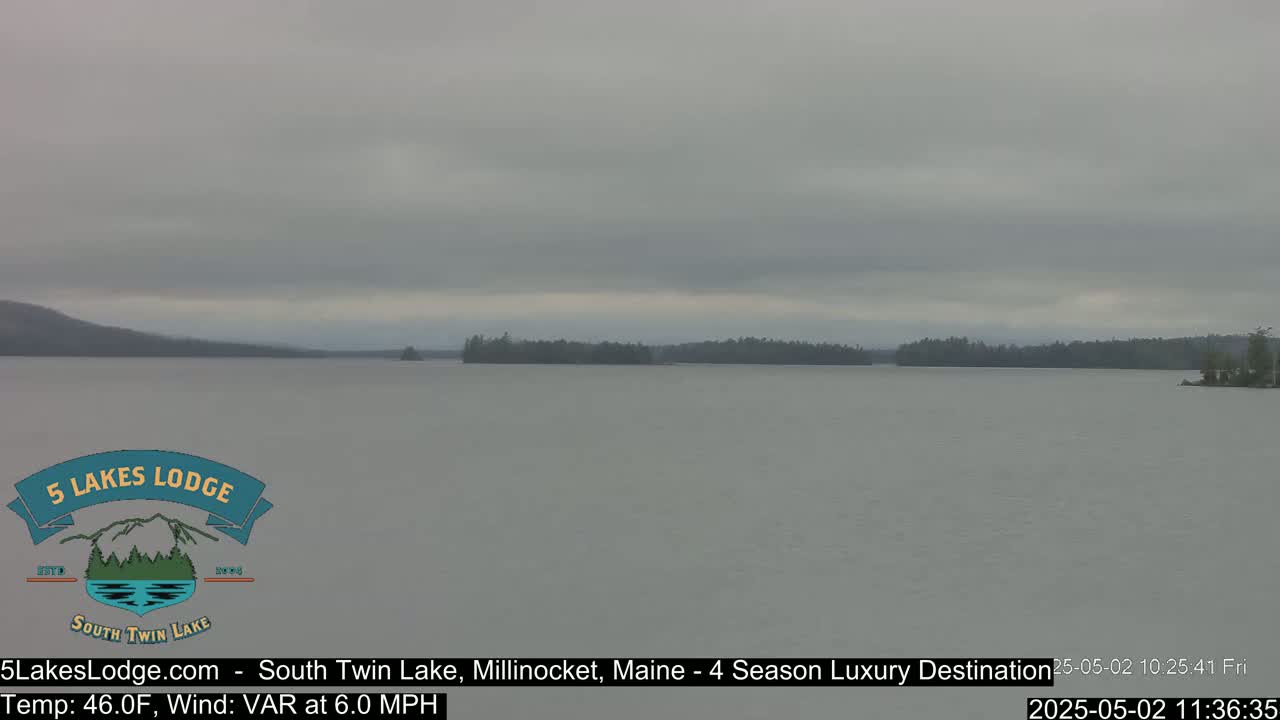 A calm lake under an overcast sky is bordered by a treeline in the distance.