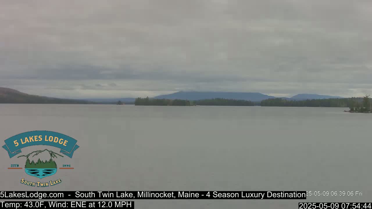 A calm lake with a distant mountain range under an overcast sky.
