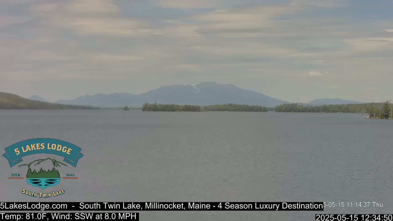 A calm lake with a mountain range in the background under a partly cloudy sky.