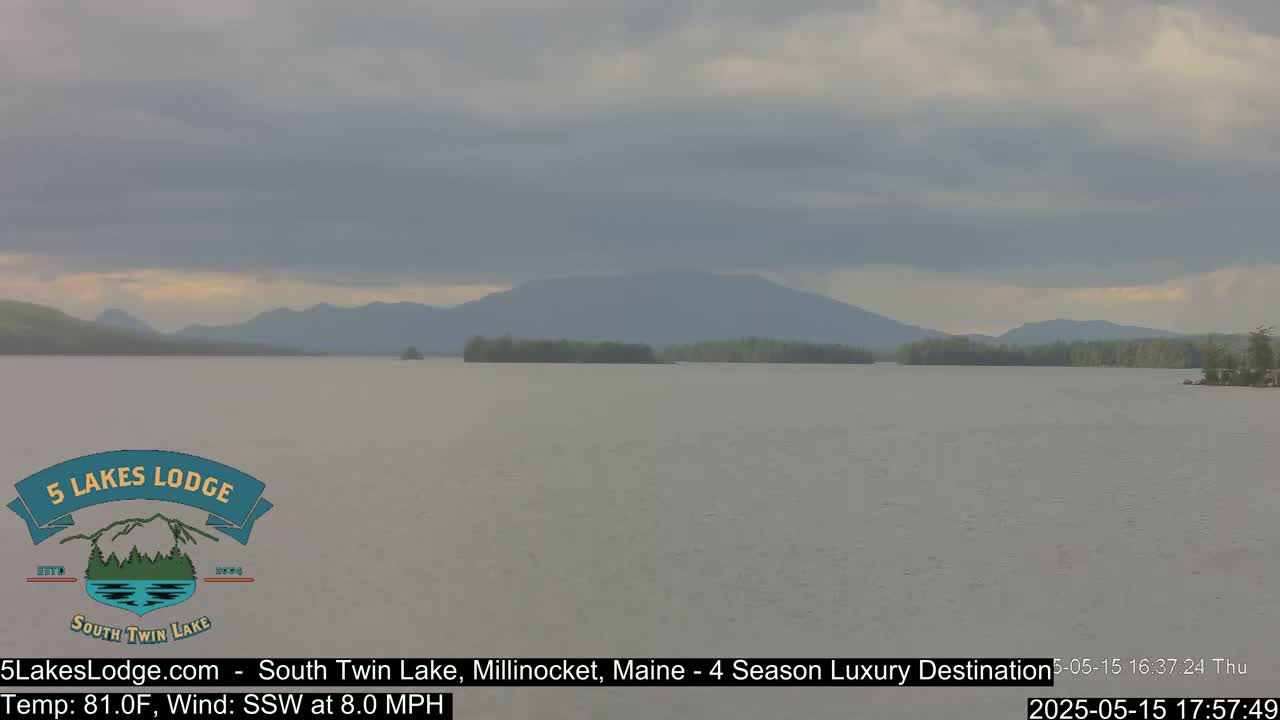 A calm lake with a mountain range in the background under a partly cloudy sky.
