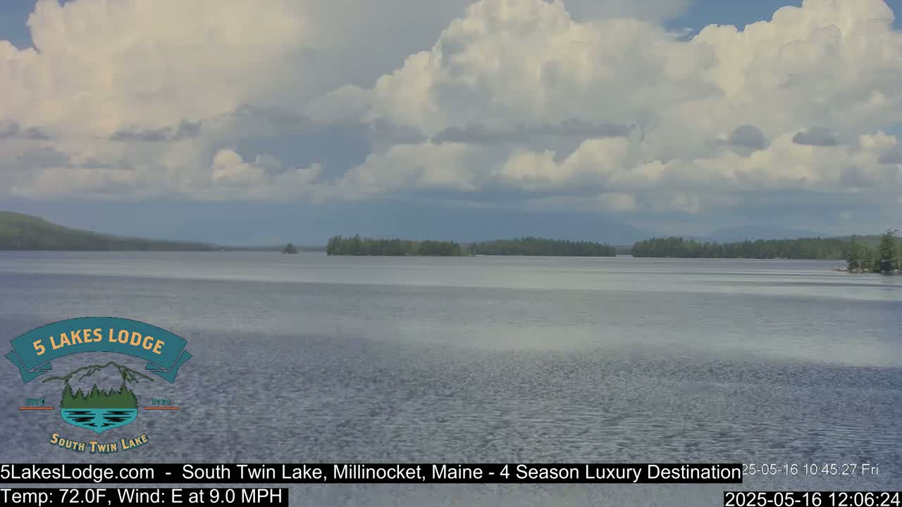 A calm lake under a partly cloudy sky with a slight east wind is seen from a lakeside vantage point.