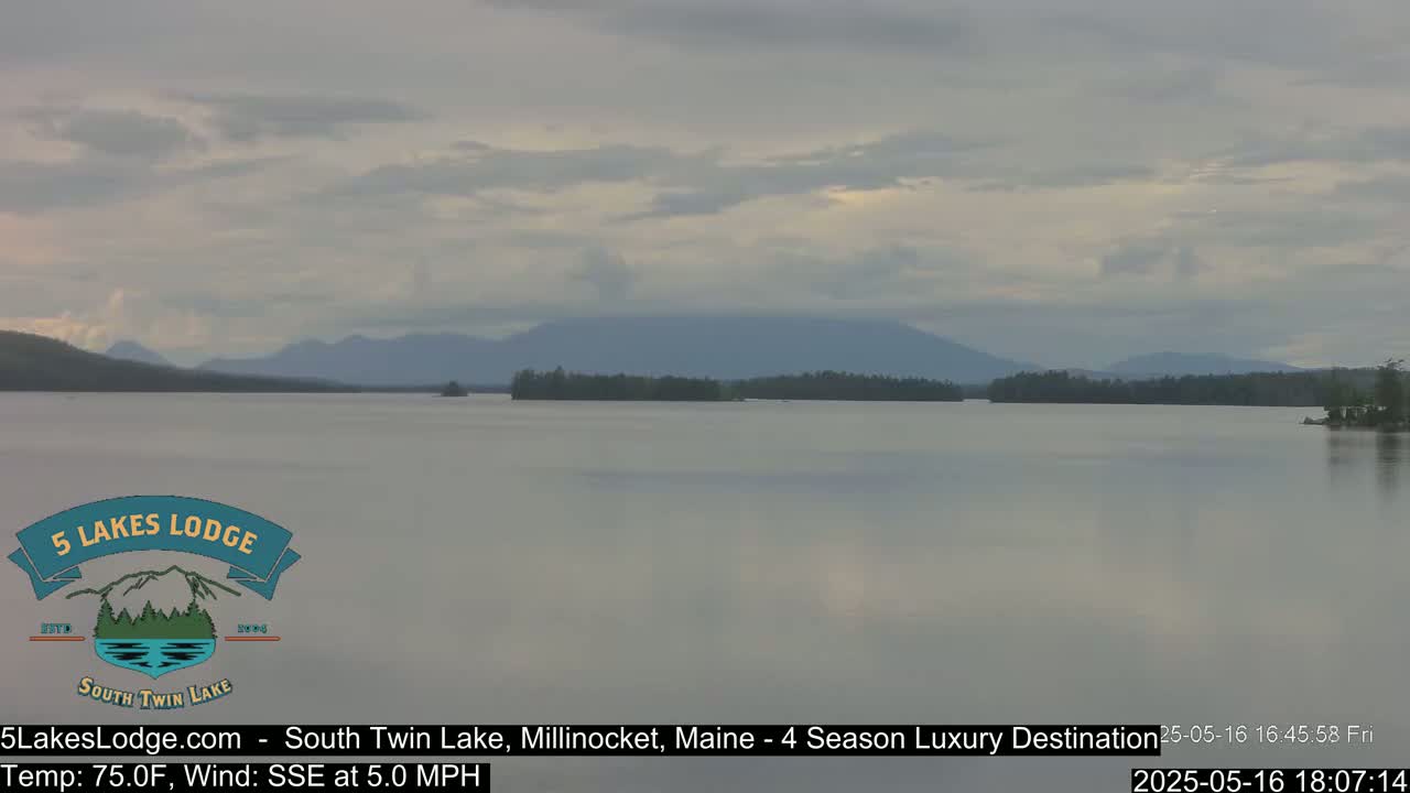 A calm lake with distant mountains under a cloudy sky.