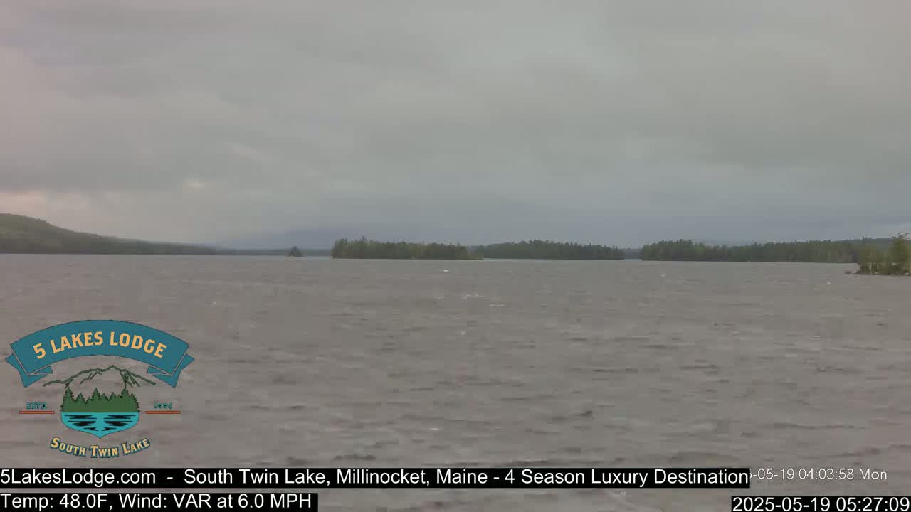 A choppy lake with a dark, overcast sky and a distant treeline is visible.