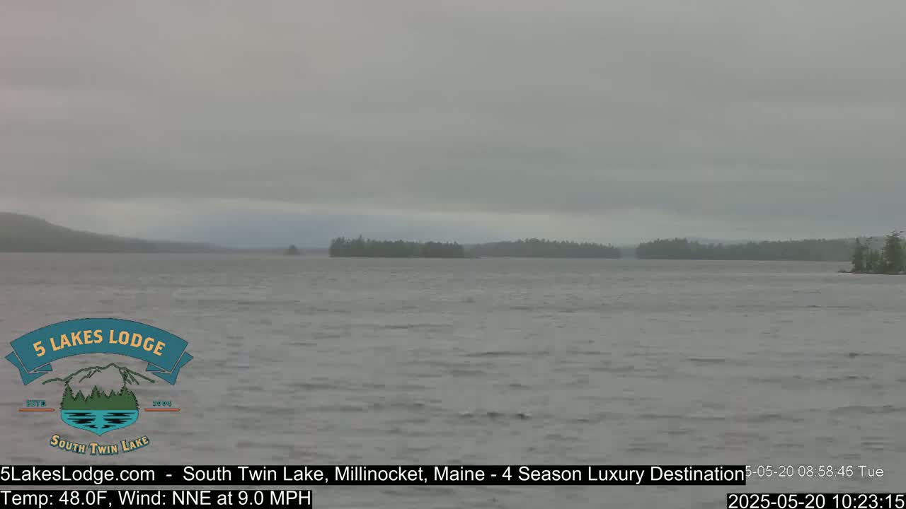 A view of a lake under an overcast sky, with a distant shoreline of trees visible.