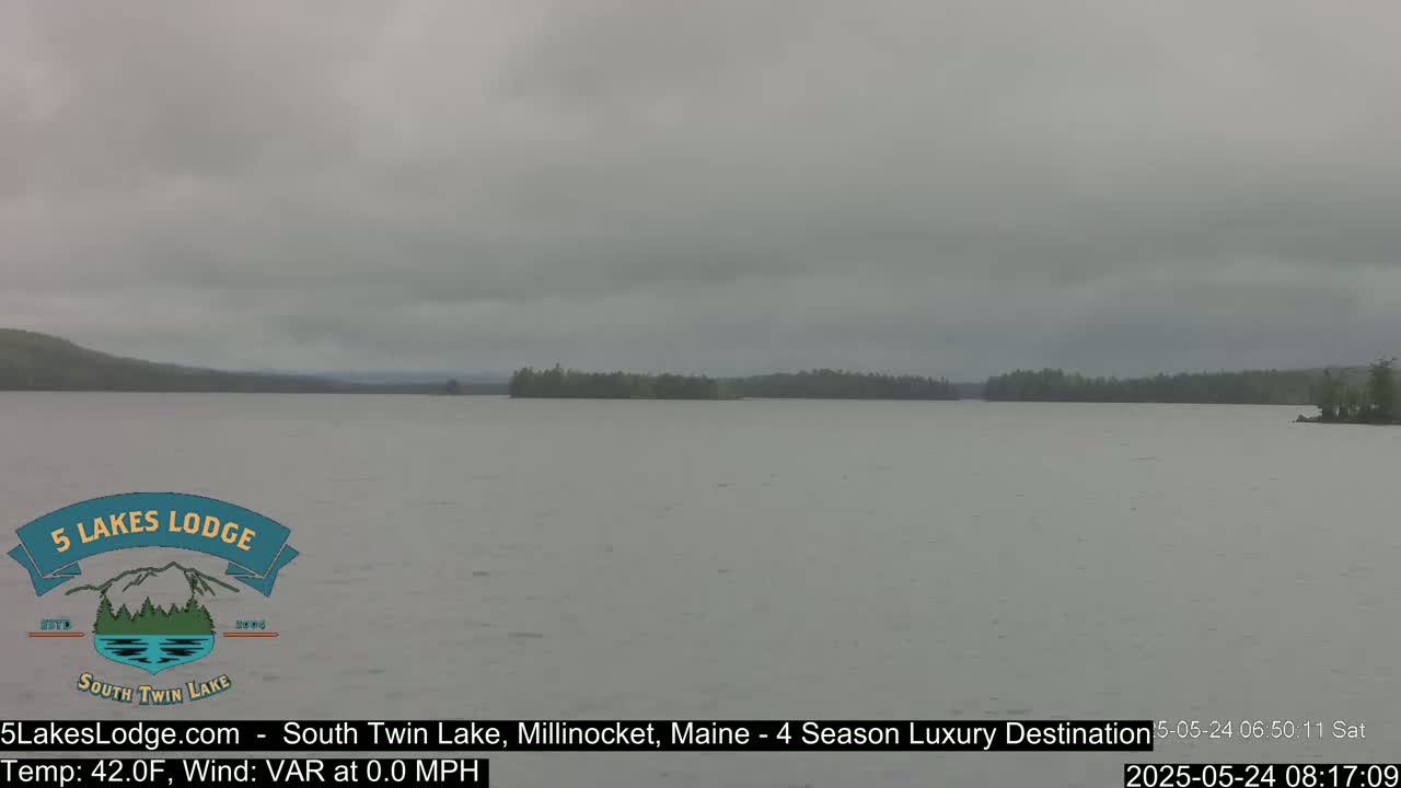 A calm lake with a distant tree line is visible under an overcast sky.