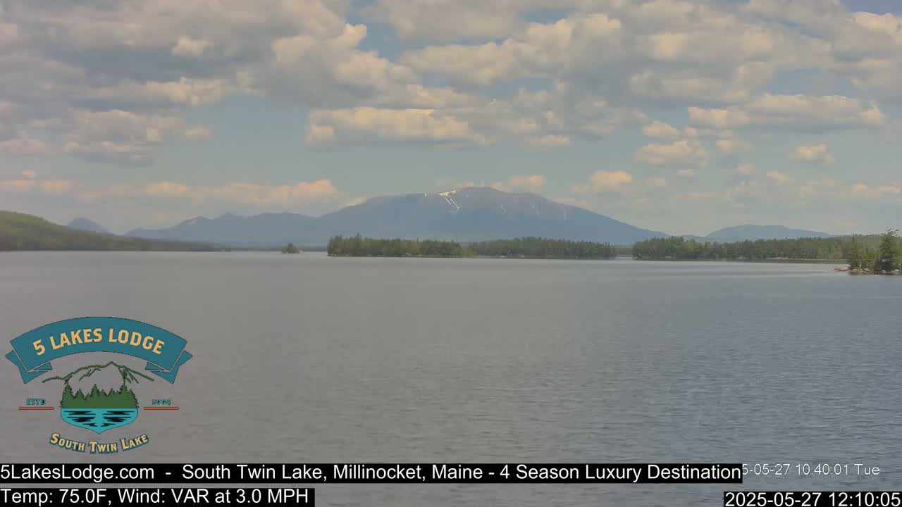 A calm lake stretches towards distant mountains under a partly cloudy sky.