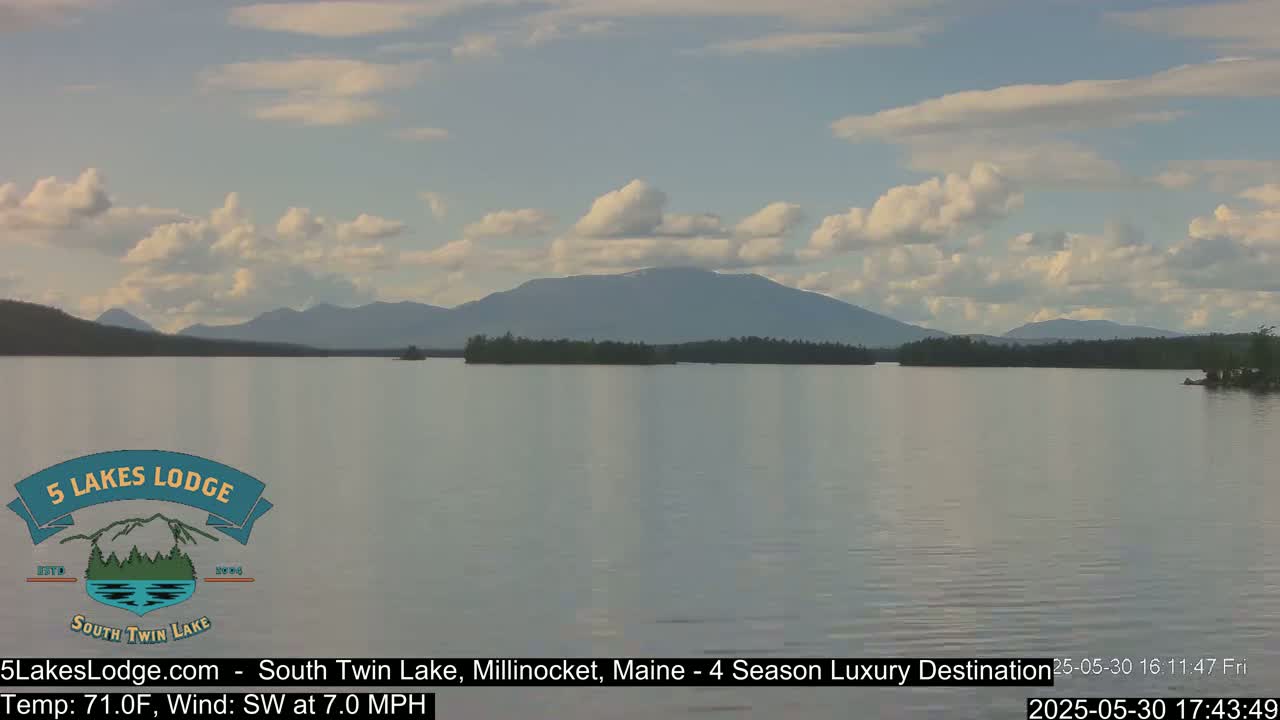 A calm lake with a mountain range in the background under a partly cloudy sky.