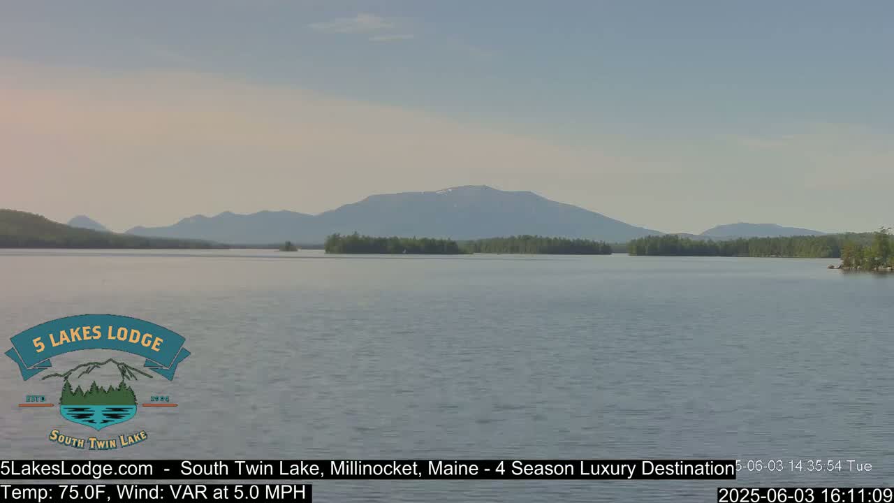 A calm lake with a mountain range in the background under a mostly clear sky.