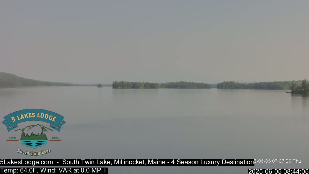 A hazy view of a calm lake with a tree-lined shoreline is visible in the distance.