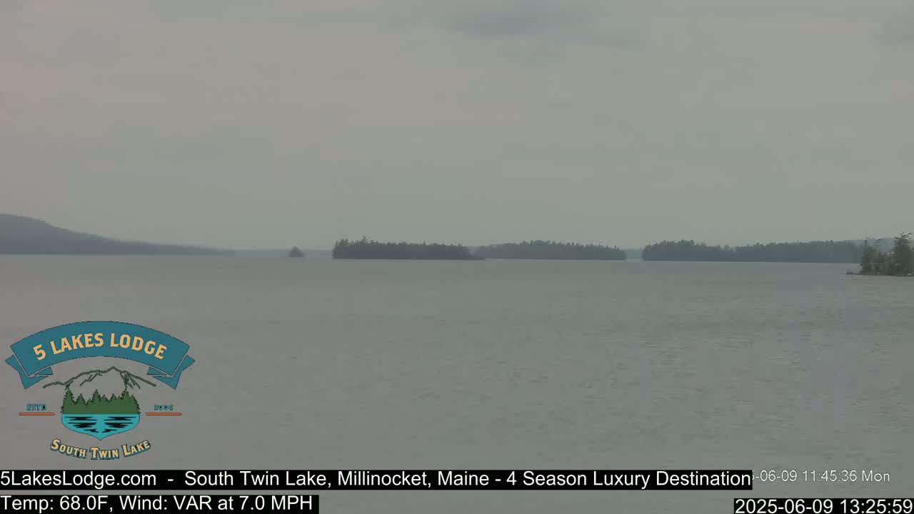 A hazy view of a calm lake shows a distant shoreline with dark trees under an overcast sky.