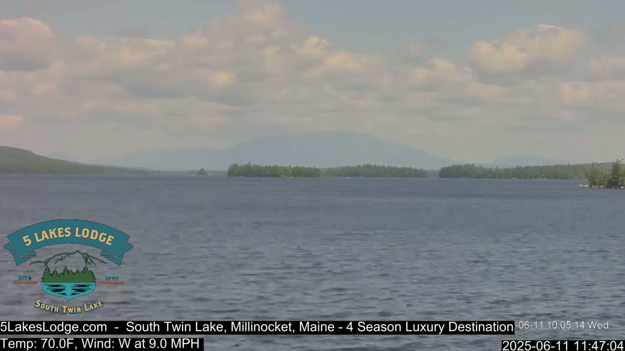 A calm lake with a distant mountain range under a partly cloudy sky.