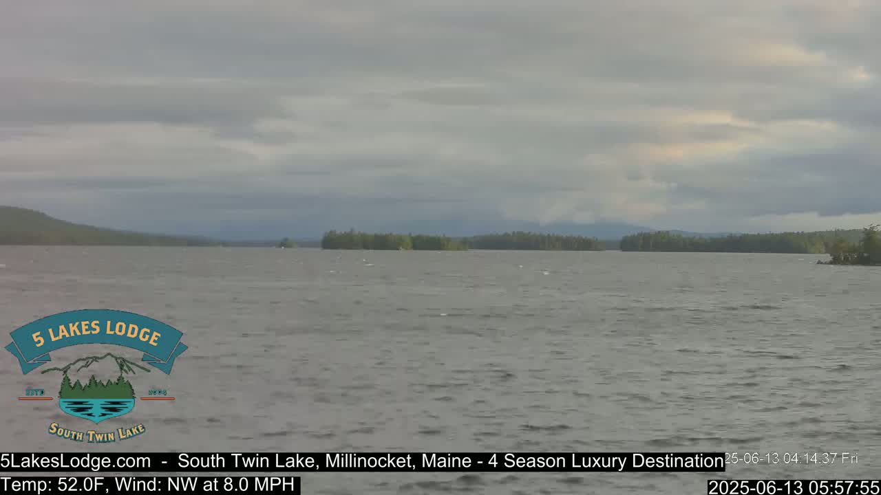 A lake with a slight chop under a mostly cloudy sky, showing a treeline in the distance.