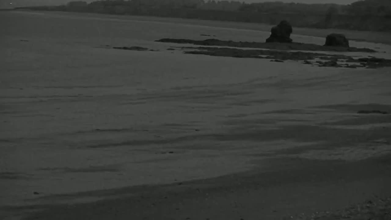 A dark, sandy beach stretches to a calm body of water where several dark rocks jut from the surface.