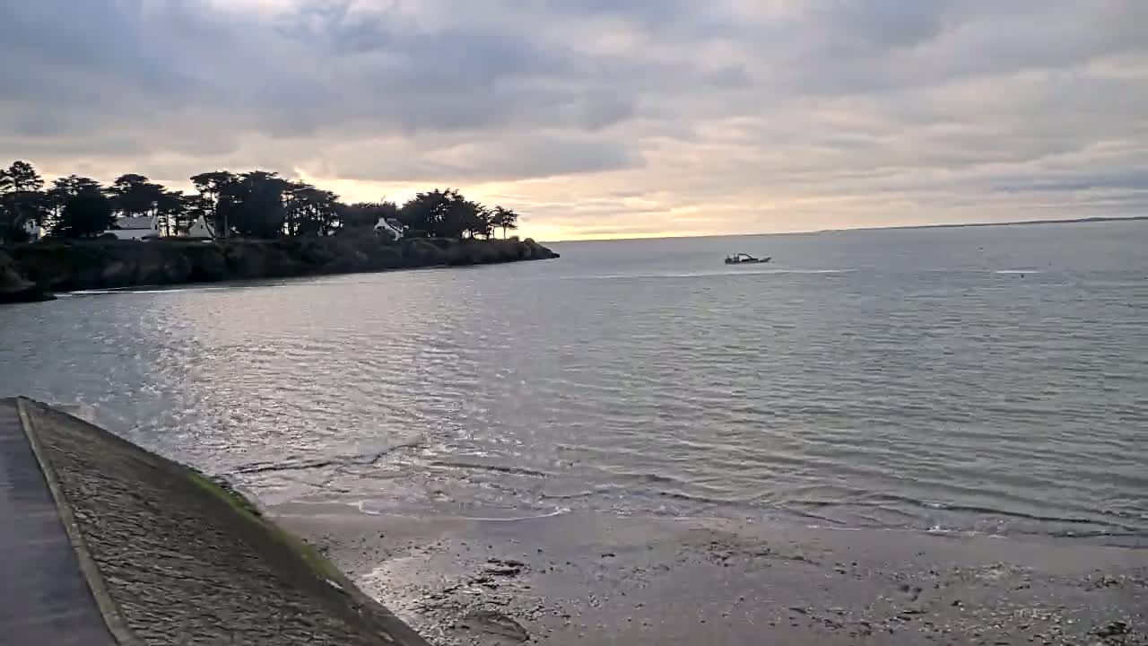 A calm body of water under a cloudy sky shows a small boat in the distance near a shoreline with houses and trees.