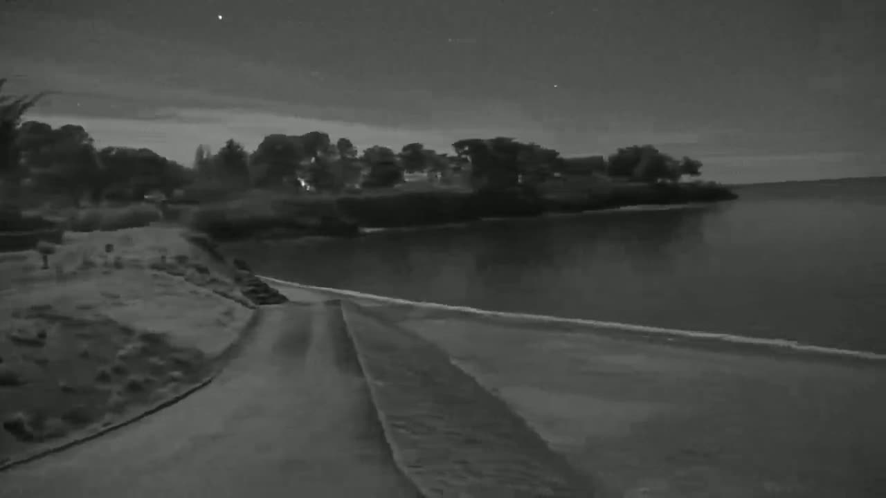 A nighttime, grayscale view shows a calm body of water lapping a shoreline with a road leading down to it, and trees and buildings visible in the distance under a mostly clear sky.