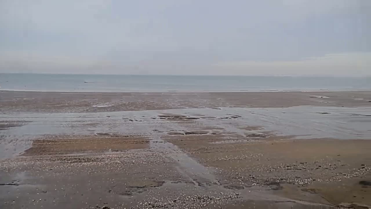A wide, sandy beach with shallow, receding water stretches toward a calm, gray sea under an overcast sky.