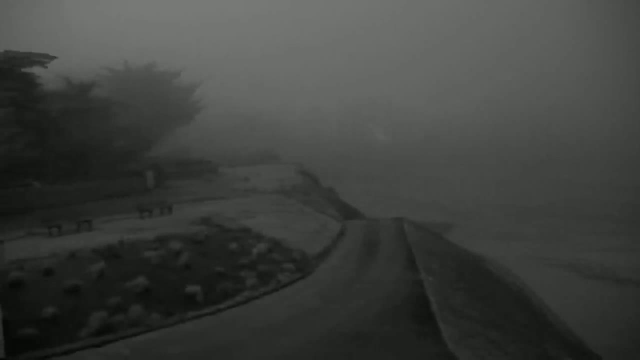 A foggy, overcast landscape shows a curved road next to a sparsely vegetated area with indistinct objects in the distance.