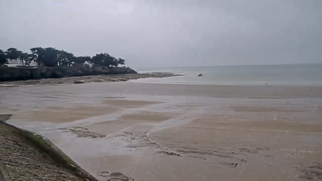 A mostly cloudy day reveals a wide expanse of muddy, shallow water receding from a coastline with a line of trees and houses visible in the distance.