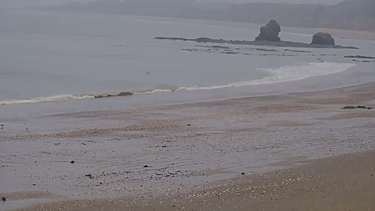 A wide sandy beach stretches to a calm, grey sea where small waves lap the shore near two distant rock formations under an overcast sky.