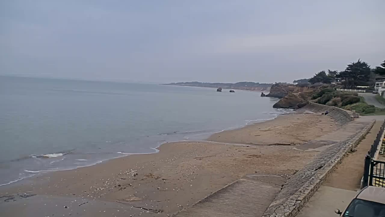 A sandy beach with a calm sea stretches out under an overcast sky, bordered by a low cliff with some vegetation and houses.