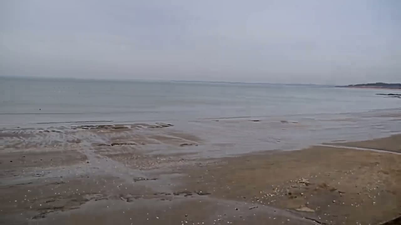 A wide sandy beach stretches out to a calm, gray sea under an overcast sky.