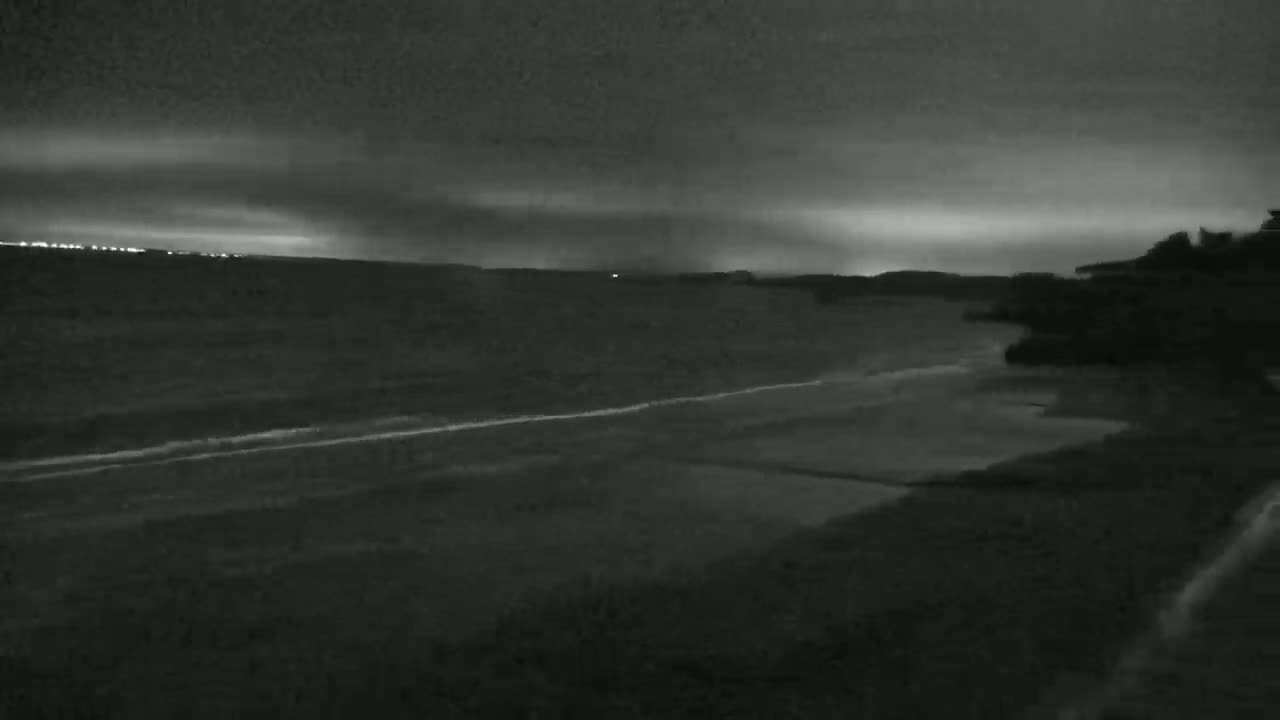 A dark, nighttime coastal scene shows a calm ocean with a gently sloping shoreline under a cloudy sky.