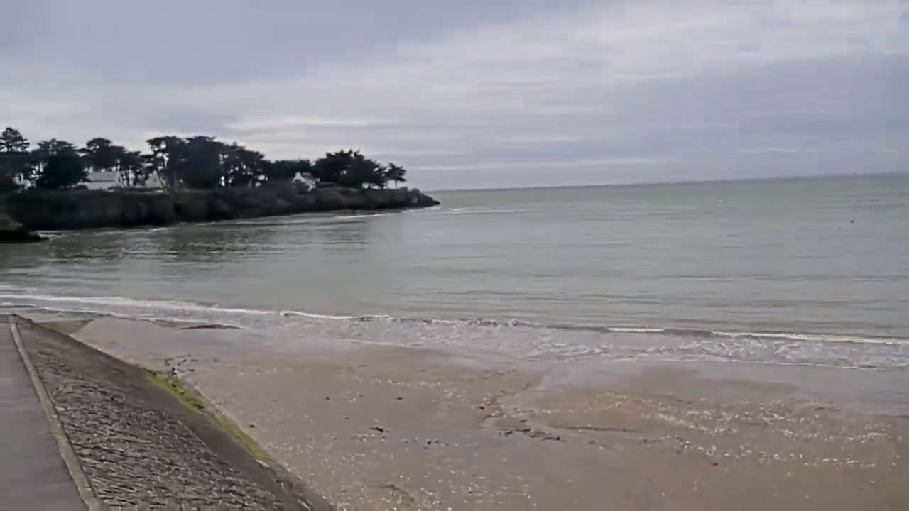 A sandy beach with gentle waves laps against the shore under an overcast sky, with dark green trees on a rocky point in the background.