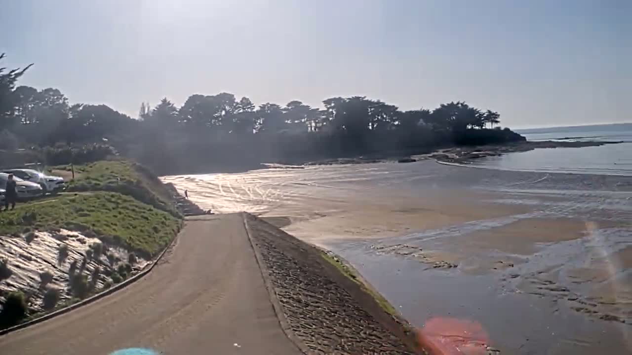 A sandy beach at low tide is visible from a roadside viewpoint, with a line of trees and cars parked in a lot on the left.