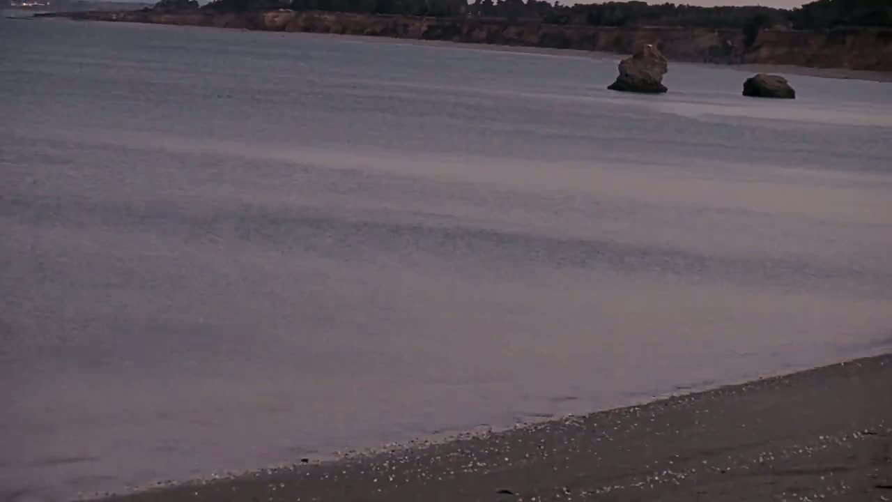 A sandy beach meets calm, gently rippling water under a dusky sky, with two rock formations visible in the ocean.