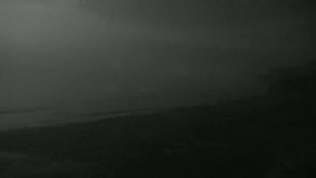 A dark, foggy landscape is visible, with a body of water barely discernible in the distance.