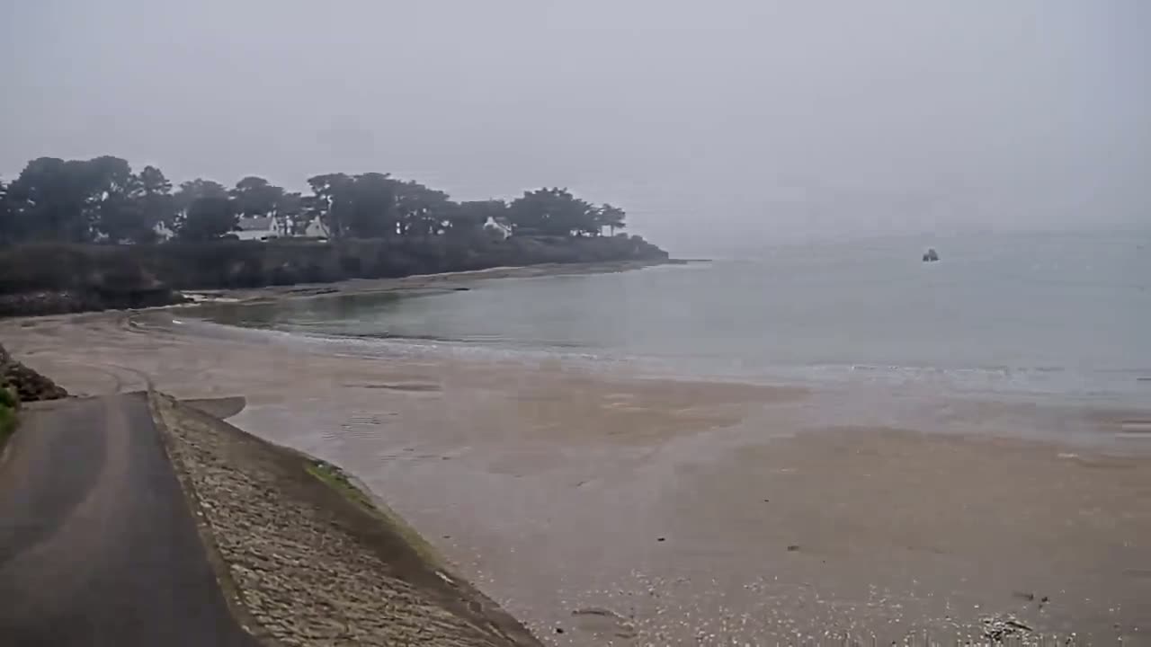 A hazy, overcast day reveals a sandy beach, calm water, and a line of trees and houses along a coastline.