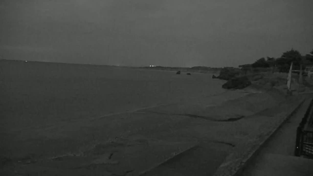 A dark, overcast night scene shows a calm body of water with a shoreline featuring rocks and vegetation.