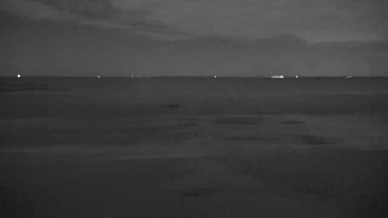 A dark, nighttime view of a calm body of water with faint lights visible on the horizon under a cloudy sky.