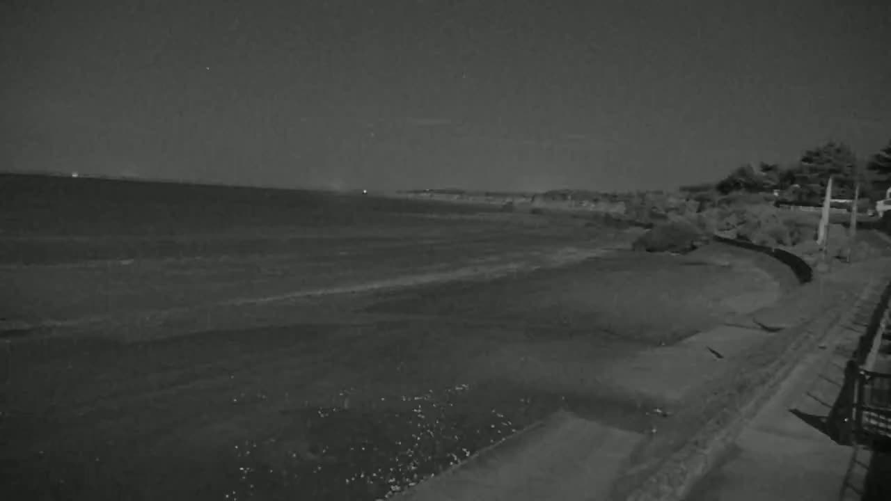 A nighttime view shows a dark, wavy ocean meeting a shoreline with vegetation and a paved path under a clear, dark sky.