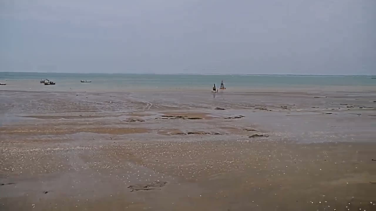 A wide expanse of mudflats stretches towards a calm, light-green sea where several small boats are visible under an overcast sky.