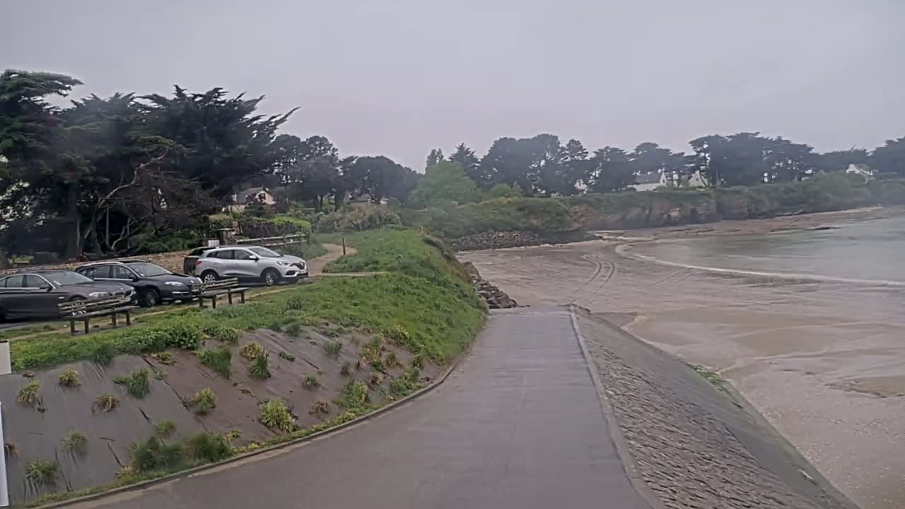 A paved road leads down to a sandy beach, where several cars are parked near a line of trees under an overcast sky.