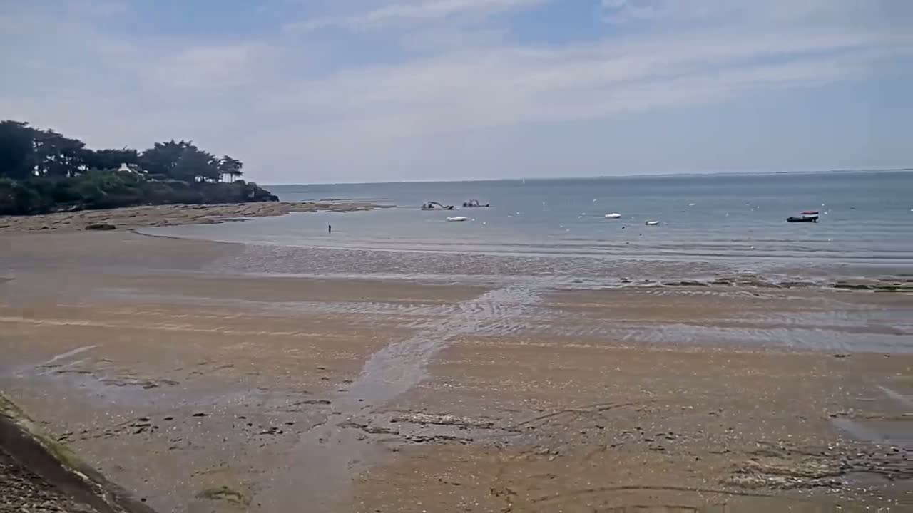 A sandy beach stretches toward a calm body of water under a partly cloudy sky, with several small boats visible in the distance and a line of trees on the left.