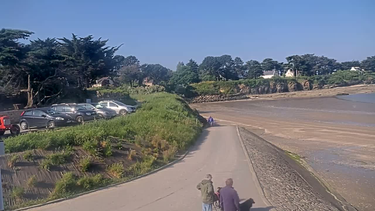 A paved path leads down to a sandy, low-tide beach, with several cars parked in a lot near evergreen trees, and two people walking a dog in the foreground under a clear blue sky.