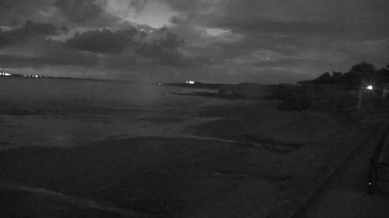 A dark, overcast night scene shows a calm body of water meeting a dark shoreline with sparse vegetation under a cloudy sky.