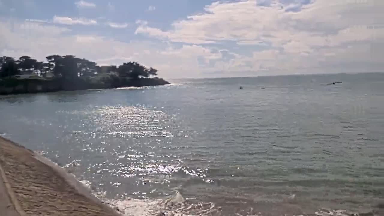 A calm body of water, sparkling under a partly cloudy sky, laps against a sandy shore lined with dark green trees.