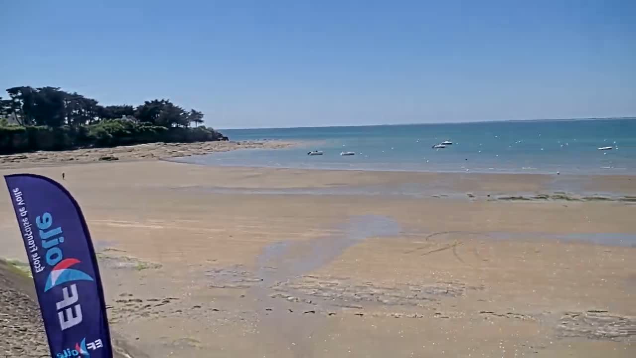 A sandy beach stretches towards a calm, blue ocean under a clear, sunny sky, with a few small boats visible in the water and a small group of trees in the background.